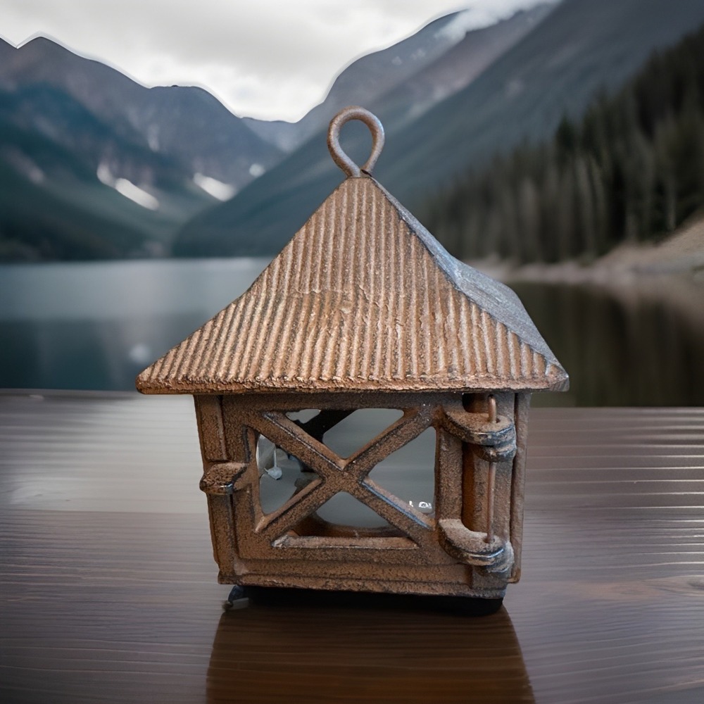 Vintage Japanese Cast Iron Mountain House Lantern Pagoda Garden Candle Patina